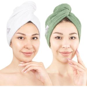 imageAmerican Soft Linen 100 Cotton Hair Towels for Women Head Towel Cap Cotton Hair Turban Towel Wrap for Long Curly Anti Frizz Hair Soft and Absorbent Cotton Hair Towels 2 Pack WhiteWhite  Sage