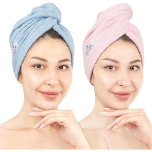 imageAmerican Soft Linen 100 Cotton Hair Towels for Women Head Towel Cap Cotton Hair Turban Towel Wrap for Long Curly Anti Frizz Hair Soft and Absorbent Cotton Hair Towels 2 Pack WhitePink  Sky Blue