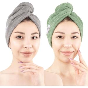 imageAmerican Soft Linen 100 Cotton Hair Towels for Women Head Towel Cap Cotton Hair Turban Towel Wrap for Long Curly Anti Frizz Hair Soft and Absorbent Cotton Hair Towels 2 Pack WhiteLight Grey  Sage