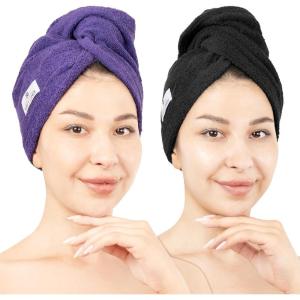 imageAmerican Soft Linen 100 Cotton Hair Towels for Women Head Towel Cap Cotton Hair Turban Towel Wrap for Long Curly Anti Frizz Hair Soft and Absorbent Cotton Hair Towels 2 Pack WhitePurple  Black