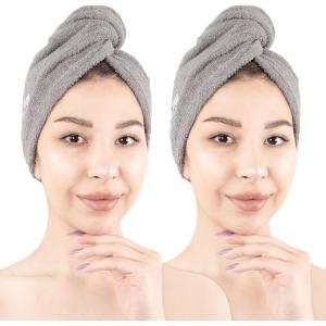 imageAmerican Soft Linen 100 Cotton Hair Towels for Women Head Towel Cap Cotton Hair Turban Towel Wrap for Long Curly Anti Frizz Hair Soft and Absorbent Cotton Hair Towels 2 Pack WhiteLight Grey