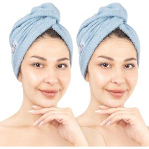 imageAmerican Soft Linen 100 Cotton Hair Towels for Women Head Towel Cap Cotton Hair Turban Towel Wrap for Long Curly Anti Frizz Hair Soft and Absorbent Cotton Hair Towels 2 Pack WhiteSky Blue