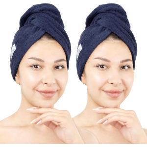 imageAmerican Soft Linen 100 Cotton Hair Towels for Women Head Towel Cap Cotton Hair Turban Towel Wrap for Long Curly Anti Frizz Hair Soft and Absorbent Cotton Hair Towels 2 Pack WhiteNavy Blue