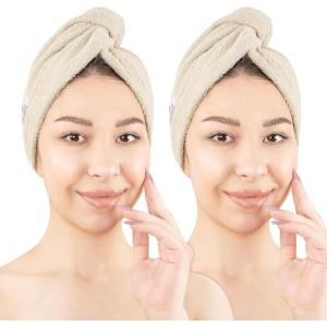 imageAmerican Soft Linen 100 Cotton Hair Towels for Women Head Towel Cap Cotton Hair Turban Towel Wrap for Long Curly Anti Frizz Hair Soft and Absorbent Cotton Hair Towels 2 Pack WhiteBeige
