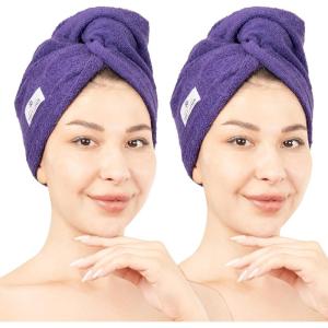 imageAmerican Soft Linen 100 Cotton Hair Towels for Women Head Towel Cap Cotton Hair Turban Towel Wrap for Long Curly Anti Frizz Hair Soft and Absorbent Cotton Hair Towels 2 Pack WhitePurple
