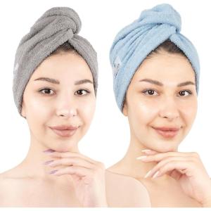 imageAmerican Soft Linen 100 Cotton Hair Towels for Women Head Towel Cap Cotton Hair Turban Towel Wrap for Long Curly Anti Frizz Hair Soft and Absorbent Cotton Hair Towels 2 Pack WhiteLight Grey  Sky Blue