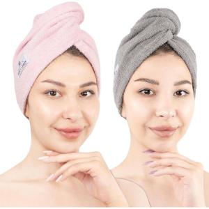 imageAmerican Soft Linen 100 Cotton Hair Towels for Women Head Towel Cap Cotton Hair Turban Towel Wrap for Long Curly Anti Frizz Hair Soft and Absorbent Cotton Hair Towels 2 Pack WhitePink  Light Grey