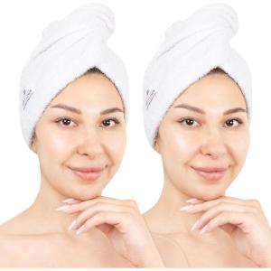 imageAmerican Soft Linen 100 Cotton Hair Towels for Women Head Towel Cap Cotton Hair Turban Towel Wrap for Long Curly Anti Frizz Hair Soft and Absorbent Cotton Hair Towels 2 Pack WhiteWhite