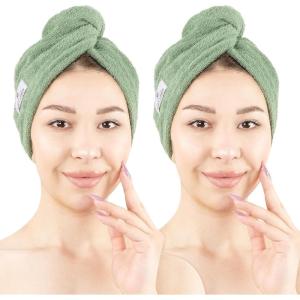 imageAmerican Soft Linen 100 Cotton Hair Towels for Women Head Towel Cap Cotton Hair Turban Towel Wrap for Long Curly Anti Frizz Hair Soft and Absorbent Cotton Hair Towels 2 Pack WhiteSage