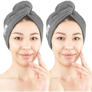 imageAmerican Soft Linen 100 Cotton Hair Towels for Women Head Towel Cap Cotton Hair Turban Towel Wrap for Long Curly Anti Frizz Hair Soft and Absorbent Cotton Hair Towels 2 Pack WhiteDark Gray