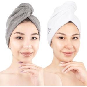 imageAmerican Soft Linen 100 Cotton Hair Towels for Women Head Towel Cap Cotton Hair Turban Towel Wrap for Long Curly Anti Frizz Hair Soft and Absorbent Cotton Hair Towels 2 Pack WhiteLight Grey  White