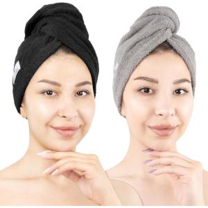 imageAmerican Soft Linen 100 Cotton Hair Towels for Women Head Towel Cap Cotton Hair Turban Towel Wrap for Long Curly Anti Frizz Hair Soft and Absorbent Cotton Hair Towels 2 Pack WhiteBlack  Light Grey