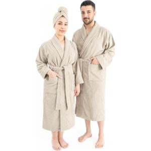 imageAmerican Soft Linen 100 Cotton Robes for Women and Men Soft Lightweight Quick Dry Unisex Couple Turkish BathrobesBeige