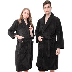 imageAmerican Soft Linen Warm Fleece Robe Mens and Womens Robe Fuzzy 1 Piece Unisex Plush Adult Bathrobe for BathroomBlack