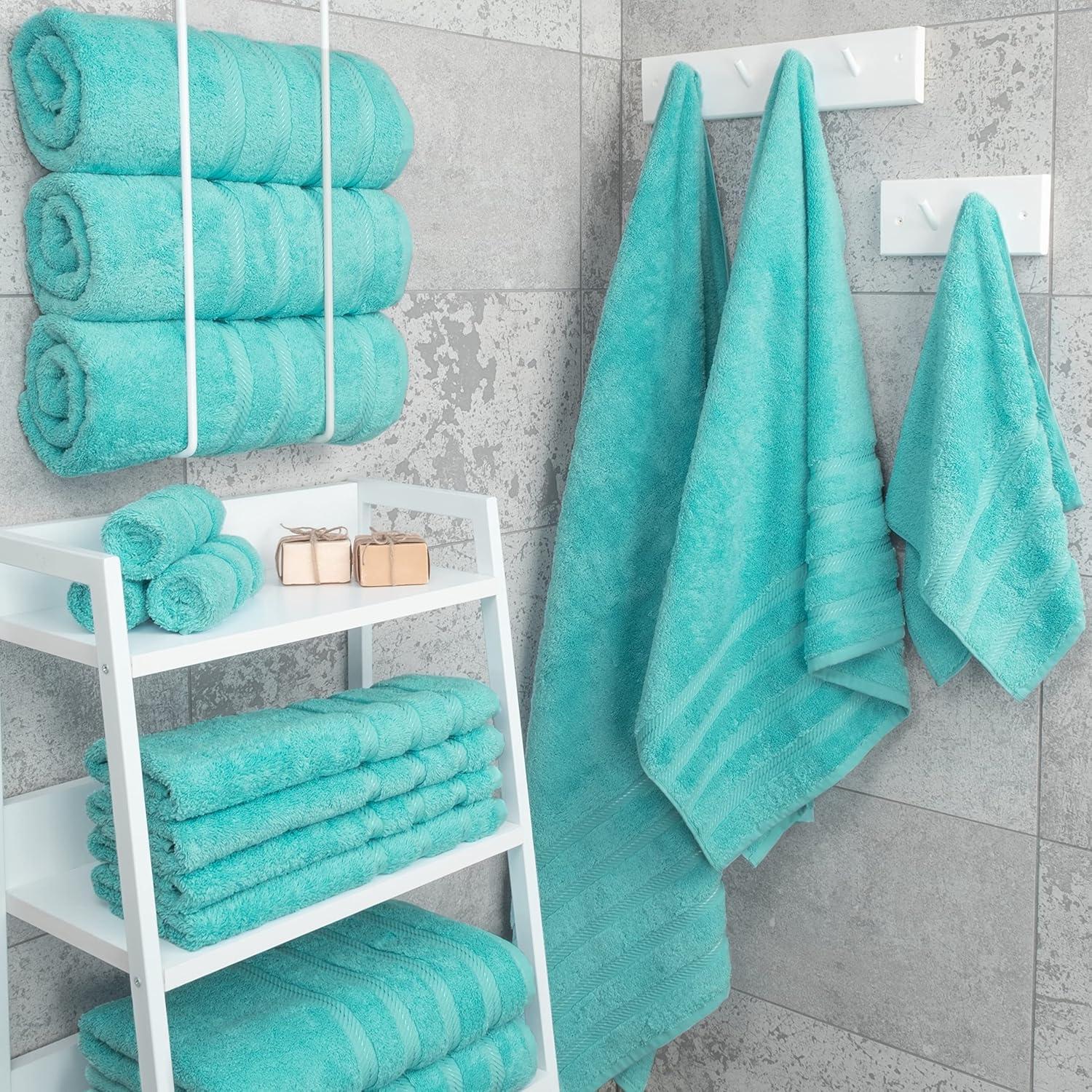 imageAmerican Soft Linen 4 Piece Bath Hand ampamp Washcloth Set Bundle 12 Count Turquoise Cotton Towels