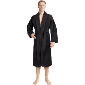 imageAmerican Soft Linen Mens 100 Cotton Terry Bathrobe  Soft Absorbent Quick Dry Turkish Robe for MenBlack