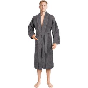 imageAmerican Soft Linen Mens 100 Cotton Terry Bathrobe  Soft Absorbent Quick Dry Turkish Robe for MenDark Gray