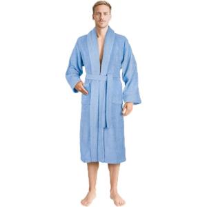 imageAmerican Soft Linen Mens 100 Cotton Terry Bathrobe  Soft Absorbent Quick Dry Turkish Robe for MenLight Blue